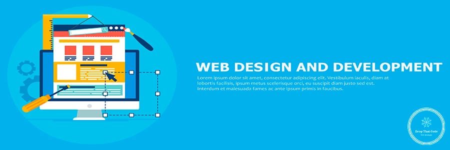 Website Development banner. Computer with constuctor tools. Vector flat illustration