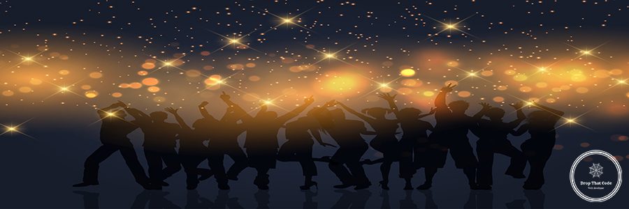 Silhouette of a party crowd on a gold bokeh lights and stars background