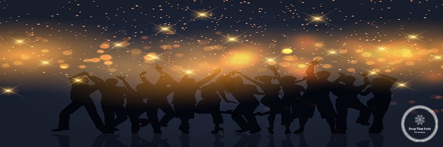 Silhouette of a party crowd on a gold bokeh lights and stars background