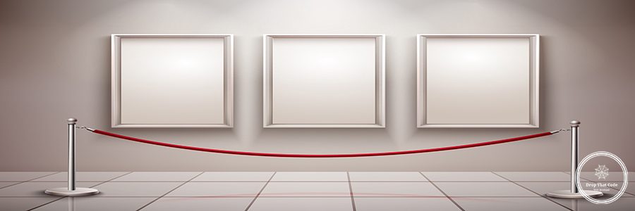 Three realistic empty picture frames with stanchion museum exhibition background vector illustration