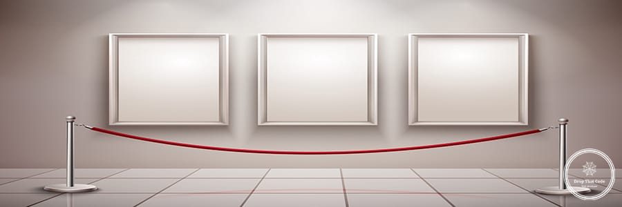 Three realistic empty picture frames with stanchion museum exhibition background vector illustration