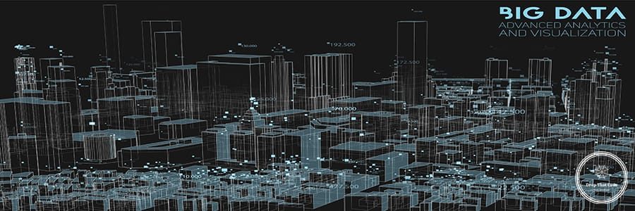 3D Big data in modern city. Abstract social information sorting visualization. Human connections or urban financial structure analysis. Complex geospatial data. Visual information complexity