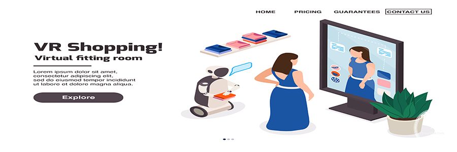 Modern clothing store isometric landing page with clickable links and image of woman in electronic mirror vector illustration