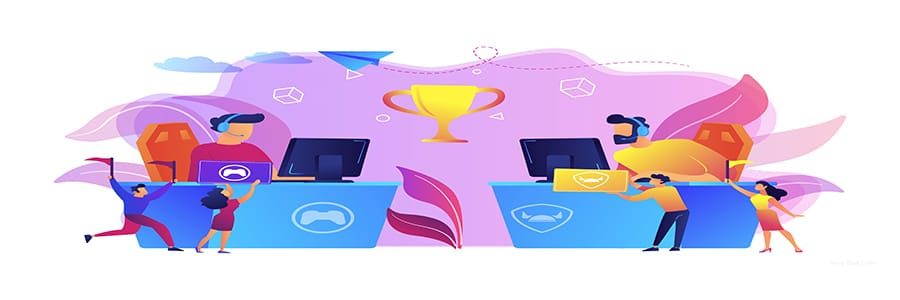 Two cyber sport players at computers competing for a trophy and fans cheering with flags. E-sport fans, computer game fan, e-sport fan club concept. Bright vibrant violet vector isolated illustration