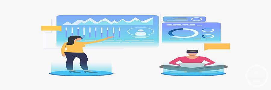 People wearing VR glasses and working in virtual interface. Future, VR, cyberspace concept. Vector illustration can be used for topics like business, technology, virtual reality