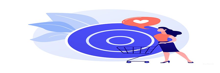Target sales. Clients attraction accuracy, shopping list, consumerism idea. Retail service customer, shopper with trolley cartoon character. Vector isolated concept metaphor illustration