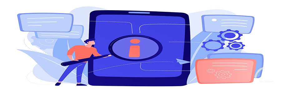 User looking for information in tablet with magnifier. Electronic goods technical assistance guide, manual for computer hardware and software concept. Vector isolated illustration.