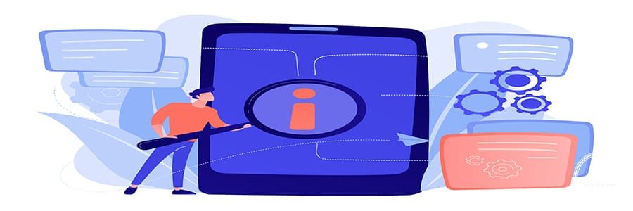 User looking for information in tablet with magnifier. Electronic goods technical assistance guide, manual for computer hardware and software concept. Vector isolated illustration.
