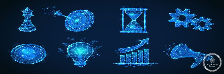 Set of isolated polygonal wireframe business strategy shining icons made of glittering particles and geometric figures vector illustration