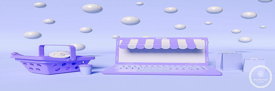 3D Illustration. A laptop with a shopping basket and paper bags. Online shopping and e-commerce concept.