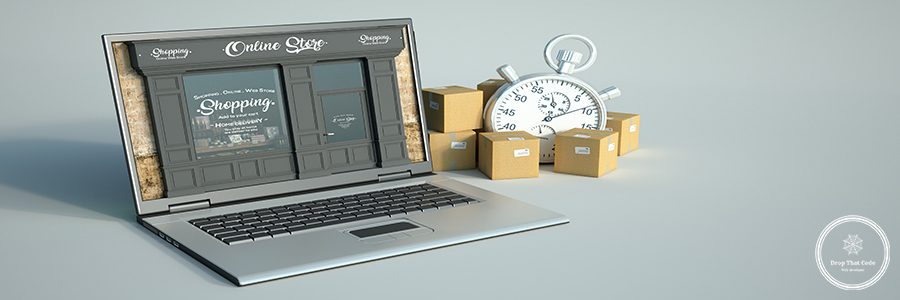 3D rendering of a computer with a traditional shop on the screen and a transportation background