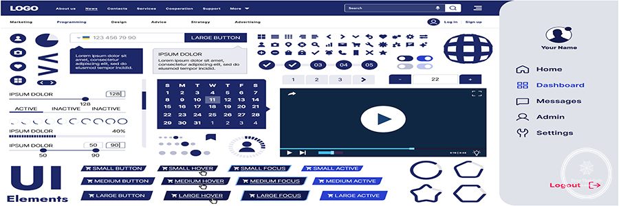 A modern UI kit featuring a collection of buttons, icons, navigation menus, and responsive design elements. Includes login forms, media players, search bars, and calendars, ideal for apps, websites