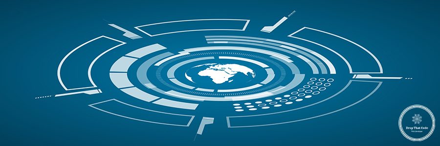 Modern virtual technology poster with image of white colored world map and different technological elements, shapes on the dark blue background vector illustration