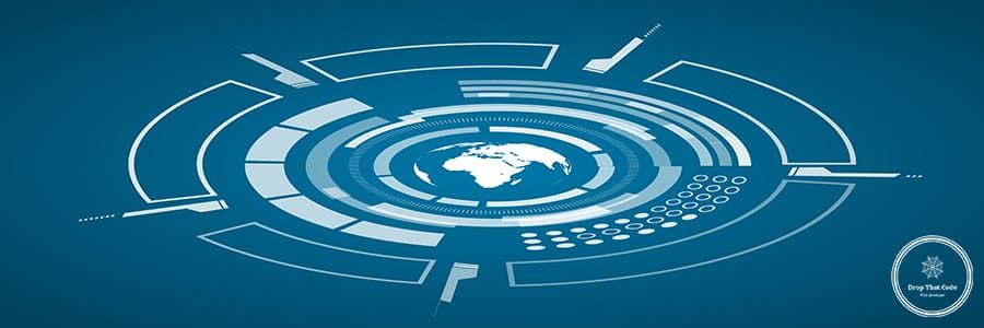 Modern virtual technology poster with image of white colored world map and different technological elements, shapes on the dark blue background vector illustration