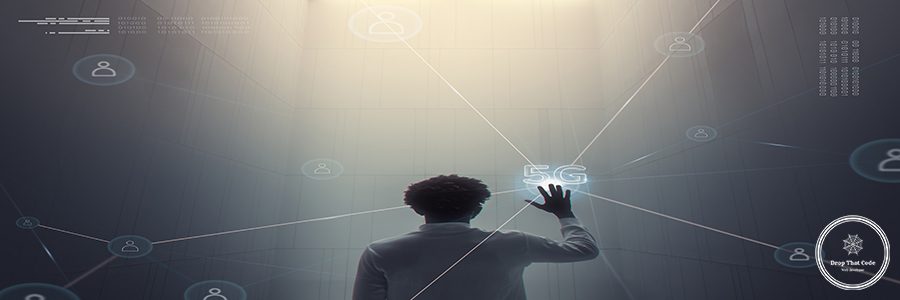 5G connection technology background with man using futuristic virtual screen digital remix