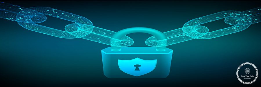 Block chain. Lock. Cyber security, safe, privacy or other concept. 3D wireframe chain with digital code. Blockchain concept. Editable cryptocurrency template. Vector illustration