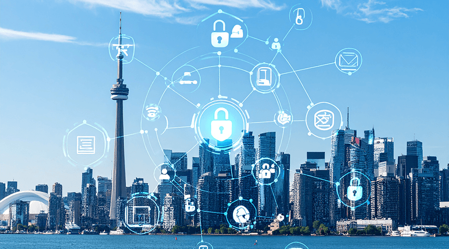 Firefly_A cityscape of Toronto with the CN Tower, overlaid with digital icons representing te 143504