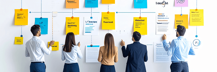 Firefly_A wall timeline graphic with sticky notes and icons representing discovery, planning, 634998