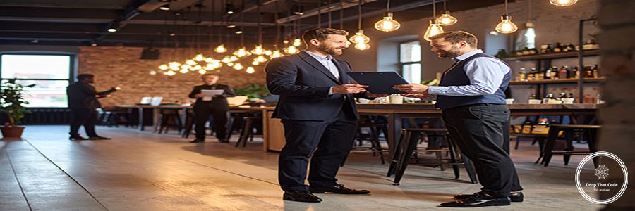Firefly_Designer handing checklist to business owner, lightbulbs, creative icons. 353828
