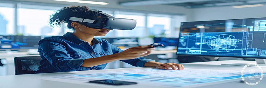 Firefly_Designer using AR glasses, digital tablets, futuristic tech, Toronto studio. 602861