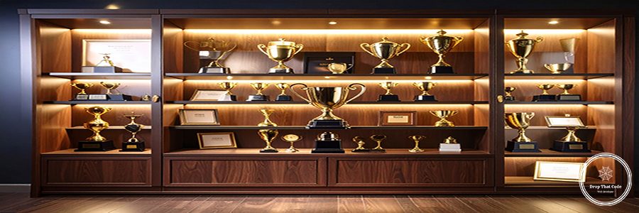 Firefly_Trophy case with awards, certificates, glowing client reviews. 773299