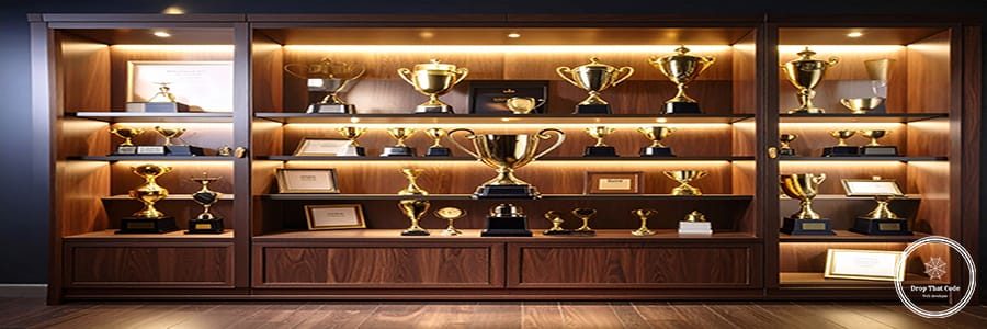 Firefly_Trophy case with awards, certificates, glowing client reviews. 773299