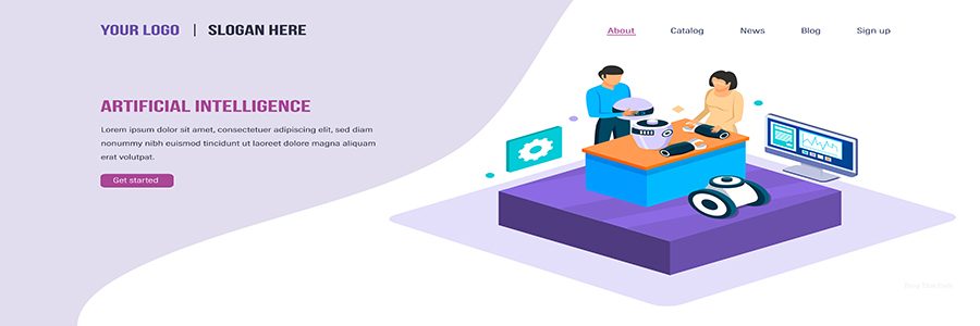Artificial intelligence. Assembly of small parts of robot with technology of digital brain with artificial intelligence. Engineering technology of future. Landing page template. Isometric vector.
