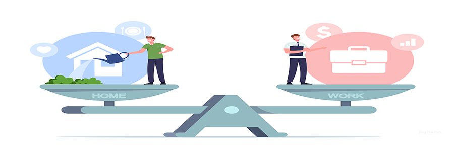 Balance between Work and Home Concept. Tiny Male Characters Balancing on Huge Scales with Basic Values Career, Finance, Job and Family Life. Difficult Choice. Cartoon People Vector Illustration