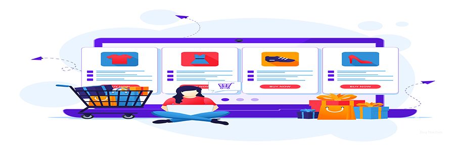 Online shopping concept, A woman chooses and buys products in the online store flat vector illustration