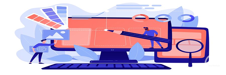 Designers are working on the desing of web page. Web design, User Interface UI and User Experience UX content organization. Web design development concept. Pinkish coral blue palette. Vector illustration