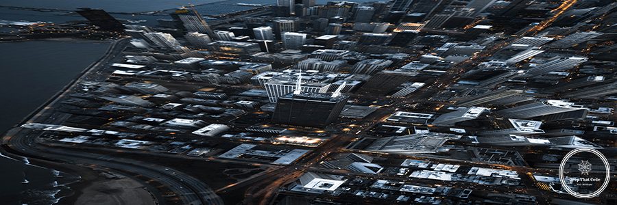 An aerial overhead shot of urban modern business architecture