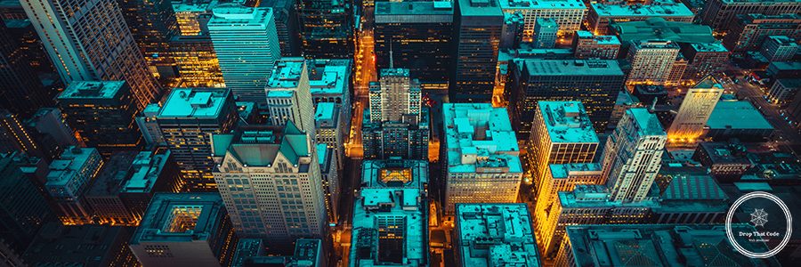 Aerial view of Chicago by night, USA.
