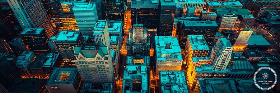 Aerial view of Chicago by night, USA.
