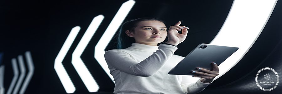 Asian girl pressing on digital screen futuristic technology