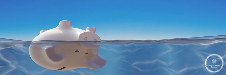Bankruptcy and business closure concept. Piggy bank drowning in sea water. 3D render
