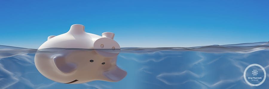 Bankruptcy and business closure concept. Piggy bank drowning in sea water. 3D render