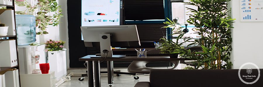 Boardroom office space with desks and stationary tools used for everyday executive tasks in company department place. Empty startup coworking space, small business decorations.