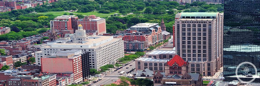 Boston downtown aerial view with historical architecture, street and city skyline.