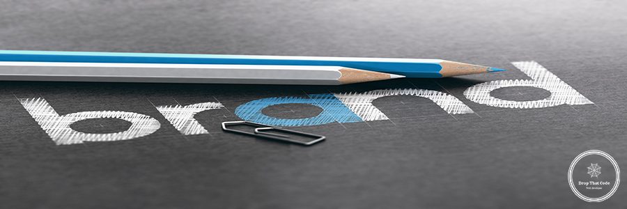 Brand name written over black paper background with white and blue wooden colored pencils. 3D illustration
