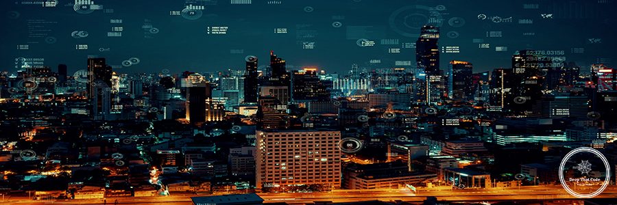 Business data analytic interface fly over smart city showing alt