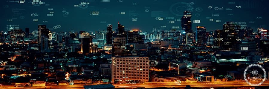 Business data analytic interface fly over smart city showing alt