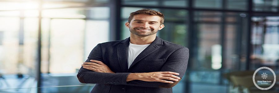 Business man, portrait and confident in workplace for company, trust or about us with happy or smile. Financial advisor, face and professional for growth with experience, knowledge and crossed arms.