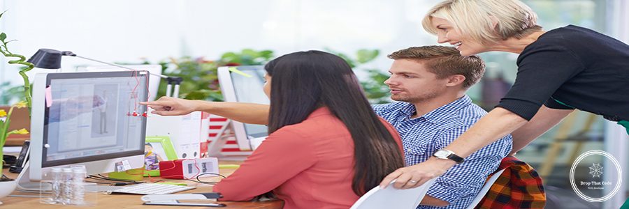 Business people, computer and teamwork for pointing to plan, office and collaboration on project. Colleagues, happy and reading information on website, together and support for proposal or report.