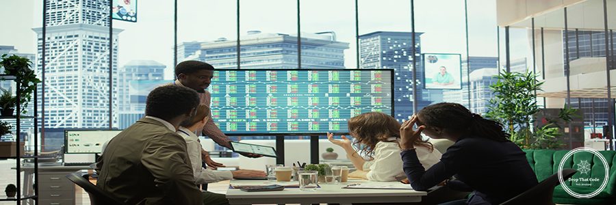 Businessman announces company bankruptcy during a meeting, explains collapse and job losses to worried employees as financial data on the screen reflects economic failure and insolvency. Camera B.