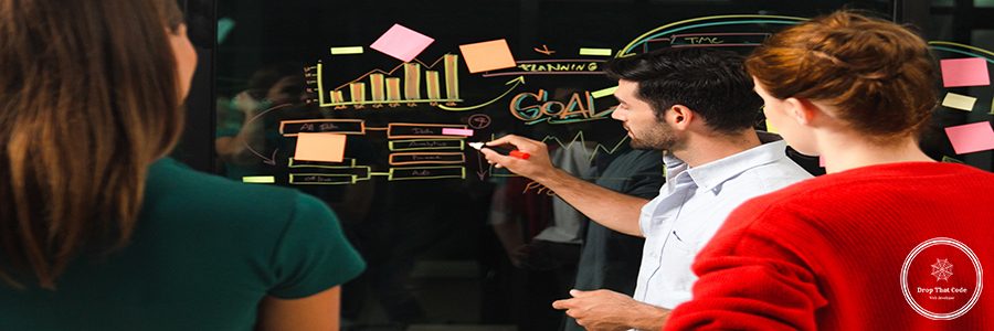 Professional businessman presenting marketing idea or financial plan to smart investor. Executive manager sharing, talking, working together with cooperative colleagues. Business concept. Tracery