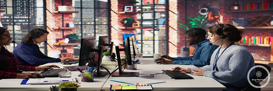 Call center agent helping customers regain access to accounts, resetting passwords. Employee in customer center workspace assisting clients needing help, providing helpful solutions, camera B