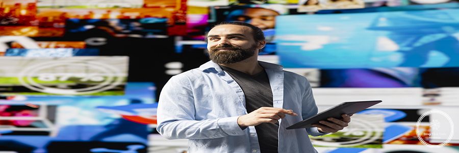 Casual man admires social media visuals and user interface elements highlighting the power of communication and influence in the digital world. Modern user experience and web design.