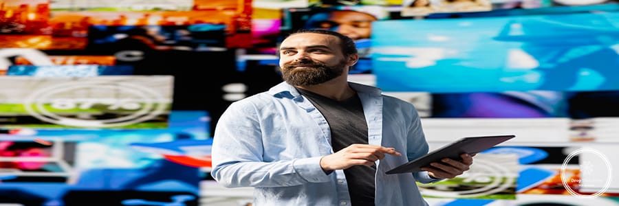 Casual man admires social media visuals and user interface elements highlighting the power of communication and influence in the digital world. Modern user experience and web design.