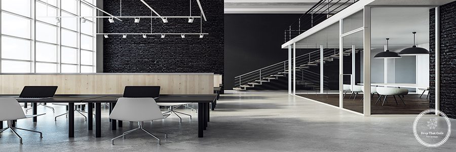 Clean coworking office interior with city view and daylight. 3D Rendering