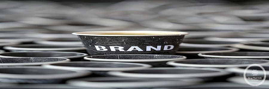 A coffee cup with the word BRAND written on it is placed in an endless pile of gray paper cups in a closeup shot.